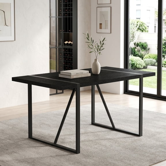 55-Inch Rectangular Dining Table with Black Textured Top and Metal Legs