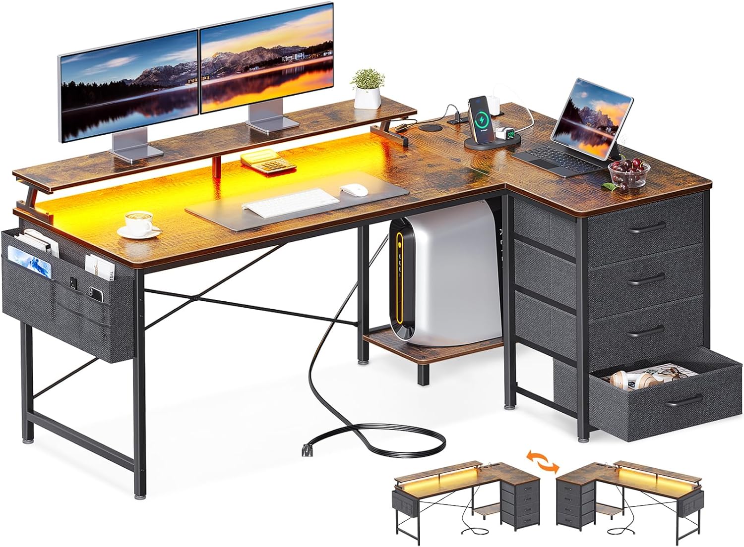 55 Inch Reversible L Shaped Computer Desk with 4 Drawers Gaming Desk