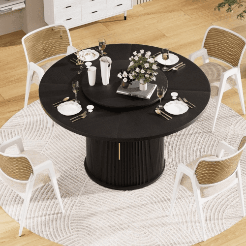 55-Inch Round Black Dining Table for 6 with Rotating Tray & Double-Tier Storage, Wooden Wavy-Striped Sliding Doors, Modern Farmhouse Style