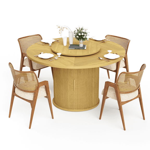 55 Inch Round Dining Table For Six With Rotating Top And Double Tier Storage Rack Natural Wood Grain Finish For Dining Room Living Room