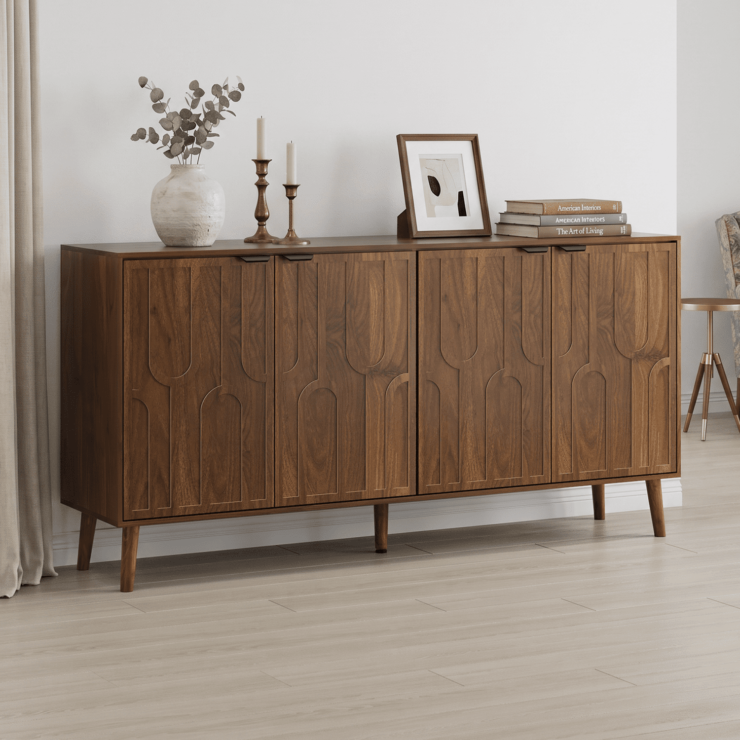 55-Inch Sideboard Serving Cabinet, Mid-Century Modern Style Wooden Entryway Cabinet, Four-Door Storage Unit With Metal Handles, Sturdy Solid Wood Legs