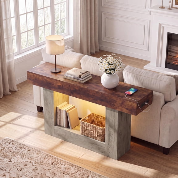 55 Inch Slim Farmhouse Console Table with Built-in Power (Outlets + USB Ports), Motion-Detector LED Light, 2-Tier Storage Shelf, Entryway/Behind-Couch Sofa Table