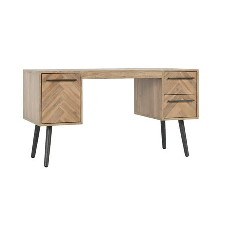 55 Inch Solid Oak Wood Desk Office Table, 3 Drawers, Herringbone, Brown- Saltoro Sherpi