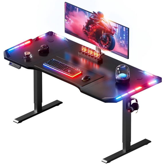 55 inch Gaming Standing Desk with LED Lights & Headphone Hook, Electric Height Adjustable Desk, Sit Stand up Desk with 3 Memory Preset,Computer Desk for Home Office