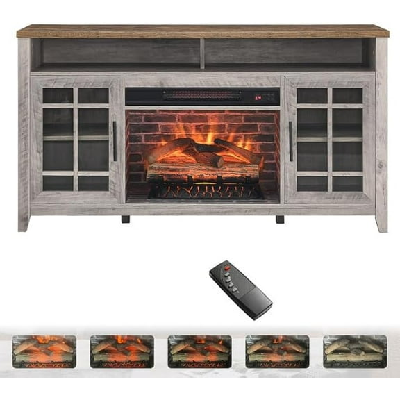 55 Inch TV Media Stand with Electric Fireplace Kd Inserts Heater, Gray Wash Color