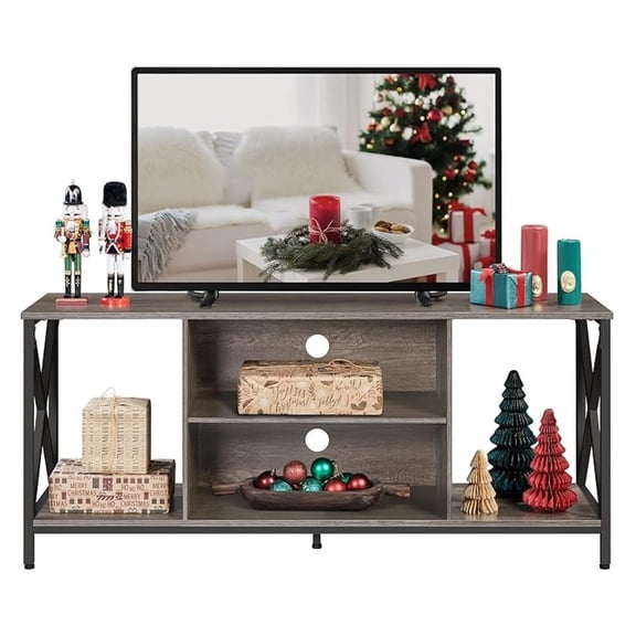 55 Inch TV Stand for up to 65 in TV, Industrial Entertainment Center TV Cabinet with Open Storage for Living Room, Metal Frame Flat Screen TV Table with Adjustable Feet, Taupe Wood