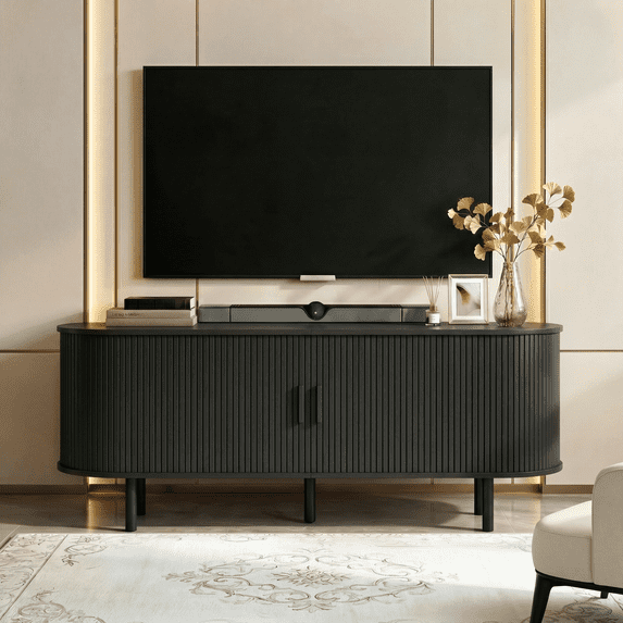 ROGALIS 55-Inch TV Stand with Built-in Power Outlet, Compatible with TVs Up to 60 Inches, Modern Entertainment Center with Adjustable Shelves, Storage Space, and Sliding Doors, Black