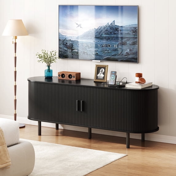 55 Inch TV Stand with Built-in Power Outlet, Compatible with TVs Up to 60 Inches, Modern Entertainment Center with Adjustable Shelves, Storage Space, and Sliding Doors, Black