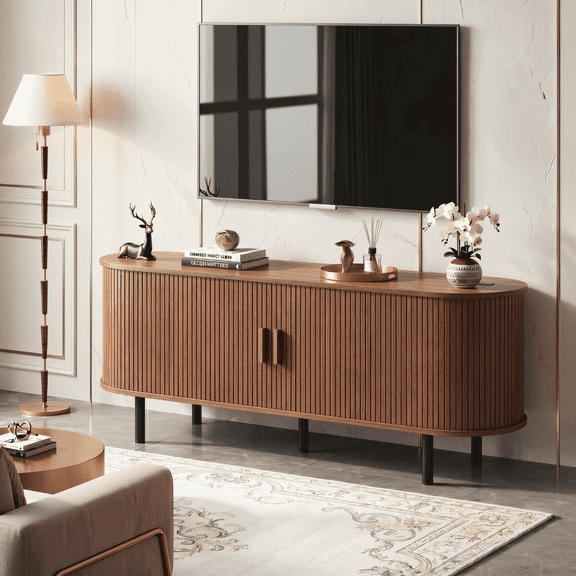 55 Inch TV Stand with Built-in Power Outlet, Compatible with TVs Up to 60 Inches, Modern Entertainment Center with Adjustable Shelves, Storage Space, and Sliding Doors, Walnut