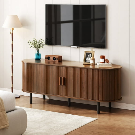 55 Inch TV Stand with Built-in Power Outlet, Compatible with TVs Up to 60 Inches, Modern Entertainment Center with Adjustable Shelves, Storage Space, and Sliding Doors, Walnut