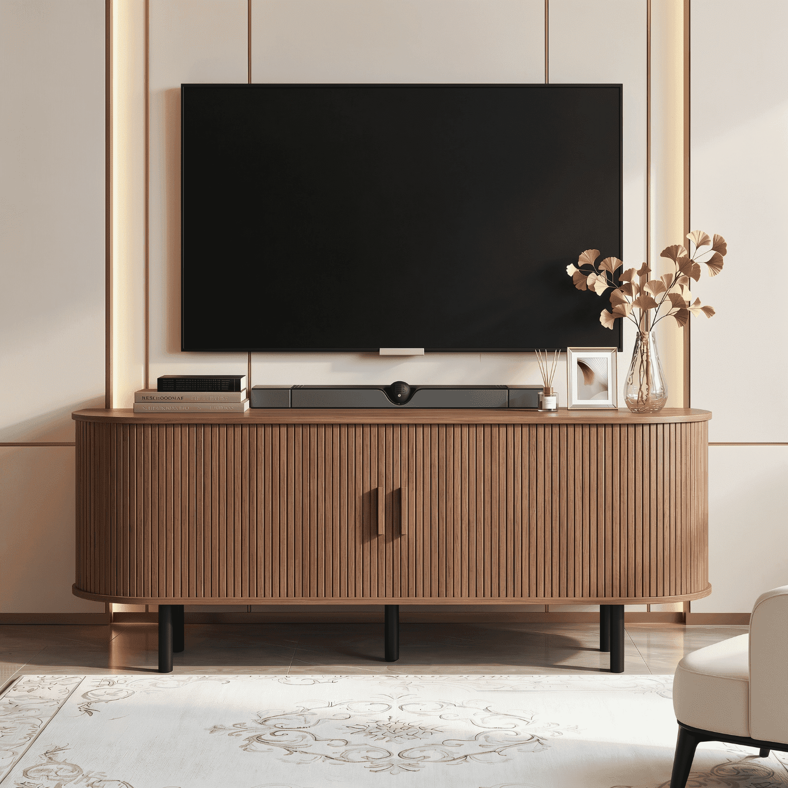 55 Inch TV Stand with Built-in Power Outlet, Compatible with TVs Up to 60 Inches, Modern Entertainment Center with Adjustable Shelves, Storage Space, and Sliding Doors, Walnut