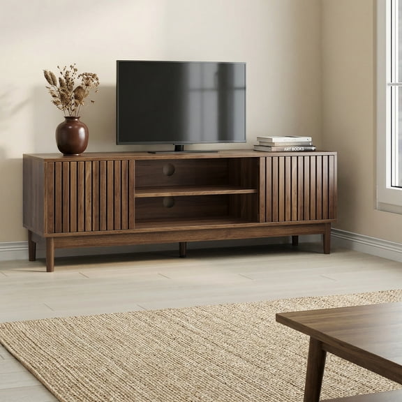 55 Inch TV Stand, Mid Century Modern Entertainment Center with Storage Cabinet, Wood Media Console with Slatted Doors, Living Room Furniture for TV