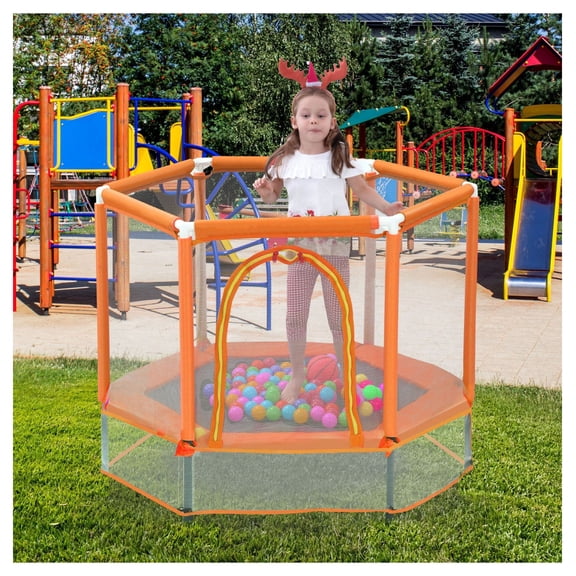 55 Inch Toddler Trampoline with Enclosure Net & Balls - Mini Bouncer for Kids Indoor Outdoor - Safe Jumping Mat, Heavy Duty Steel Frame - Pink/Blue/Green