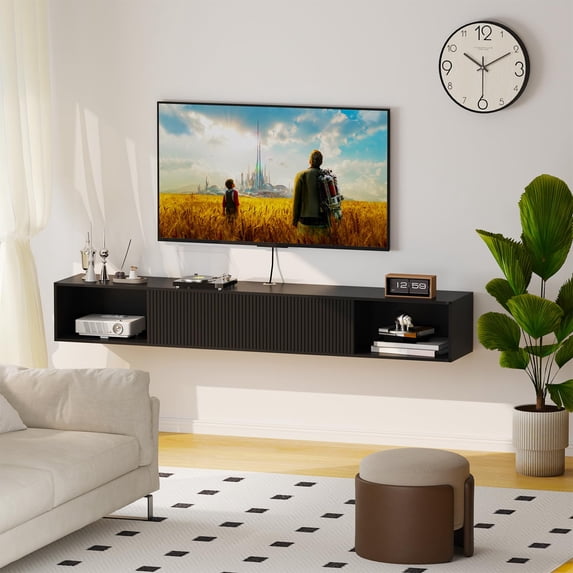 55 Inch Wall Mounted Floating TV Stand with LED Light, Wood ...