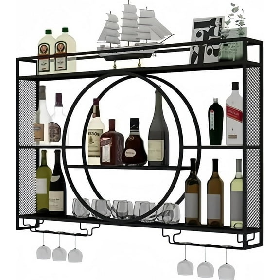55 Inch Wall Mounted Wine Rack, 3-Tier Wall Bar Shelves for Liquor Bottles, Large Capacity Bar Shelves Wall Mounted with Glass Holder for Home Bar, Kitchen & Dining Room, Black