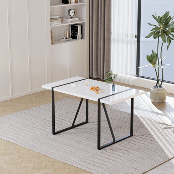 55 Inch White MDF Dining Table for 4-6 People, Modern Rectangular Table with Black Metal Legs, Farmhouse Kitchen Table