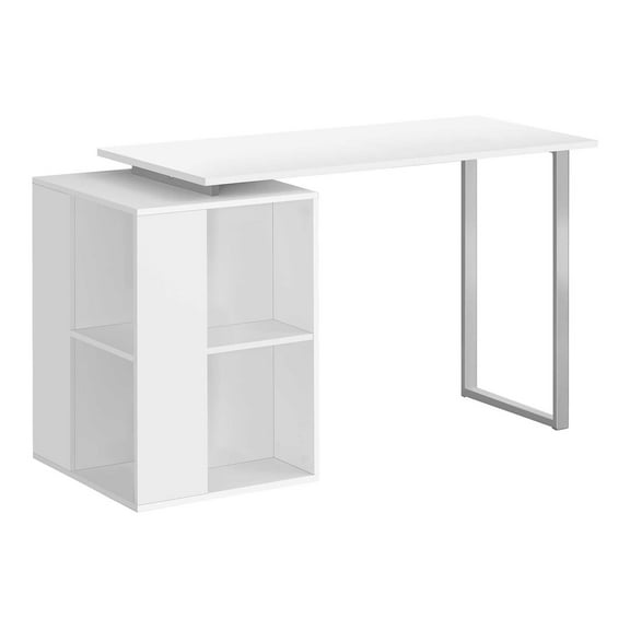 55 Inch White Modern Computer Desk with Modular Bookcase and Grey Metal Frame