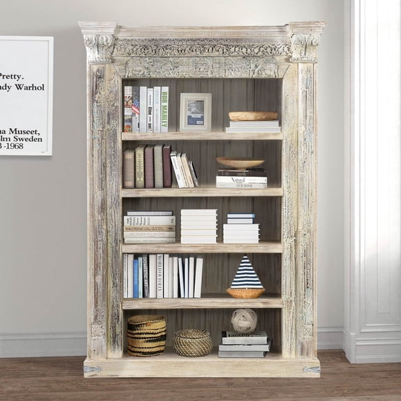55 Inch Wide Farmhouse Style Solid Wood Bookcase | 80 Inch Tall Antique Carved Doorframe | Rustic Distressed White Display Bookshelf