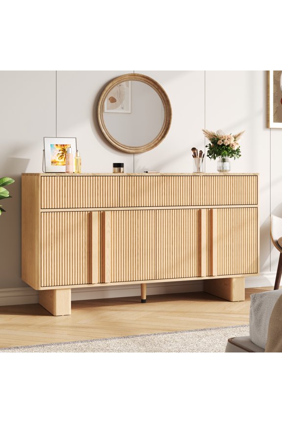 55 Inch Wide Modern Sideboard Buffet Cabinet - 3 Drawers 4 Doors Storage Cabinet with Reinforced Legs for Kitchen Living Room, Light Oak