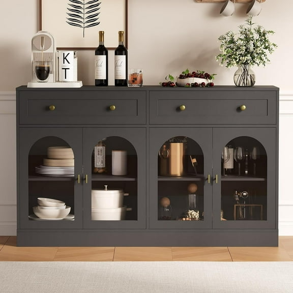 55 Inch Wide Sideboard Buffet Cabinet with 4 Acrylic Doors & 2 Drawers, Farmhouse Kitchen Storage Cabinet, Wooden Console Table for Living Room, Dining Room, Entryway