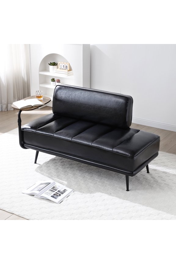 55"Inch Width Modern End of Bed Bench,Black Faux Leather Upholstered With side table, 360-degree Swivel tray couch,Entryway Ottoman,Window Bench with Metal Legs for Bedroom, Living Room