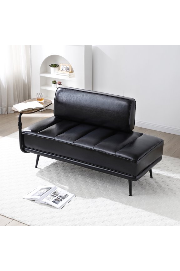 55"Inch Width Modern End of Bed Bench,Black Faux Leather Upholstered With side table, 360-degree Swivel tray couch,Entryway Ottoman,Window Bench with Metal Legs for Bedroom, Living Room