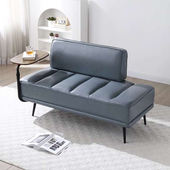 55"Inch Width Modern End of Bed Bench,Grey Faux Leather Upholstered With side table, 360-degree Swivel tray couch,Entryway Ottoman,Window Bench with Metal Legs for Bedroom, Living Room