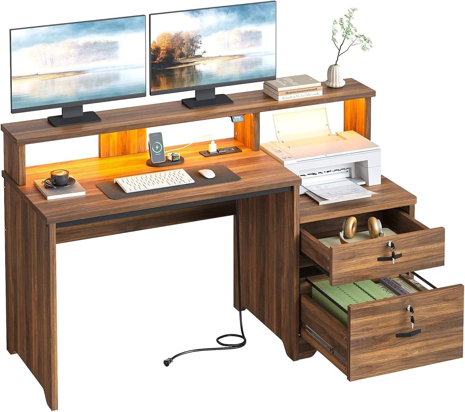 55 Inch Wood Computer Desk with Lockable File Drawer, Charging Station ...
