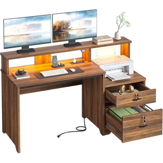 55-Inch Wood Computer Desk with Lockable File Drawer, Charging Station ...