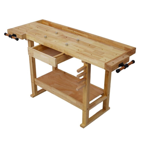 55-Inch Wood Workbench - Garage Workshop Table, Rubber Wood Workbench with Drawers & Shelves, Heavy Duty Work Table for DIY Projects & Jewelry Making