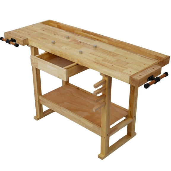 , 55-Inch Wood Workbench - Wooden Workbench for Garage Workshop and Home, Natural ,Rubber Wood ,