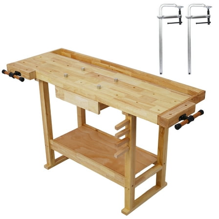 55-Inch Wood Workbench - Wooden Workbench for Garage Workshop and Home, with Bar Clamps Set 16 inch x 4-3/4 inch Throat,Pack of 2,