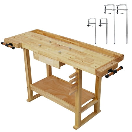 55-Inch Wood Workbench - Wooden Workbench for Garage Workshop and Home, with Bar Clamps Set 2 pcs 12 inch x 3inch+ 2pcs 20inchx4-3/4" ,4pcs pack,