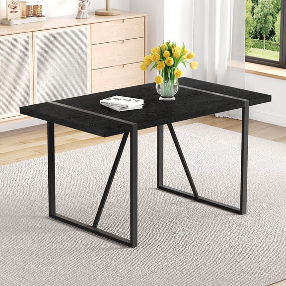 A 55-Inch minimalist retro rectangular dining table with a black textured top with Inset Rectangular Black Metal legs.Minimalist MDF Tabletop.Meeting various purposes such as dining and working.