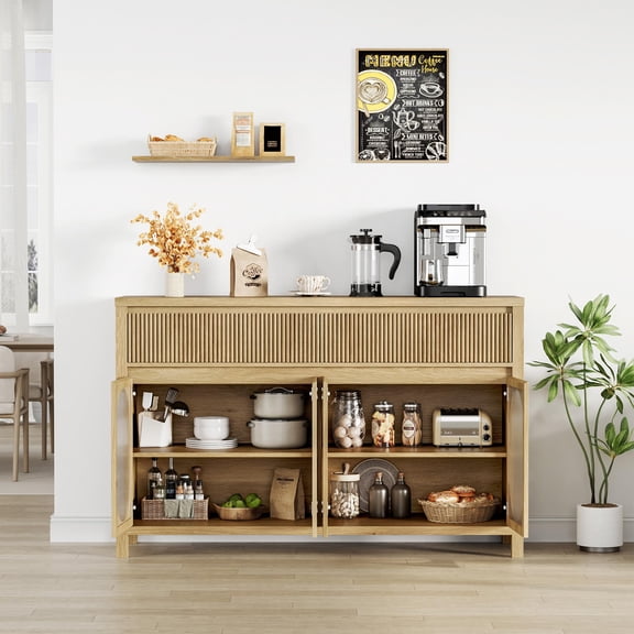 55 Inches Buffet Cabinet, Coffee Bar Cabinet with 2 Fluted Drawers & 4 Glass Doors, Versatile Storage Sideboard, for Dining Room, Living Room, or Kitchen