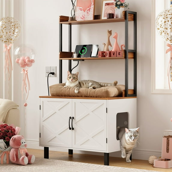 55 Inches Cat Litter Box Enclosure with 2 Storage Shelves and Charging Sockets, Wooden Cat House, Hidden Litter Box Furniture, Large Indoor Cabinet for Livingroom & Entryway, White