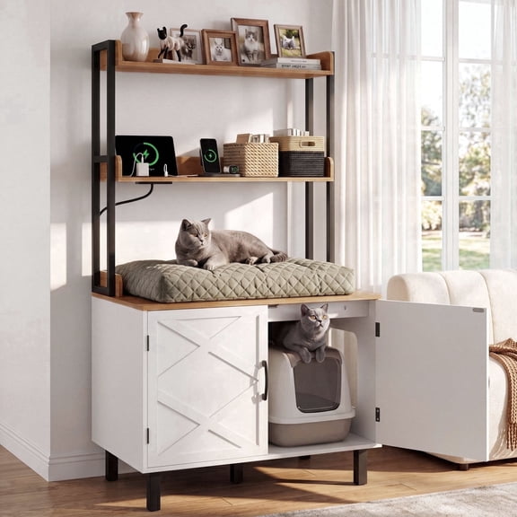 ROGALIS 55'' Cat Litter Box Furniture with Shelves,Hidden Cat Litter Box Furniture with Storage and Charging Sockets,Wooden Cat House Cabinet for Living Room & Entryway,White