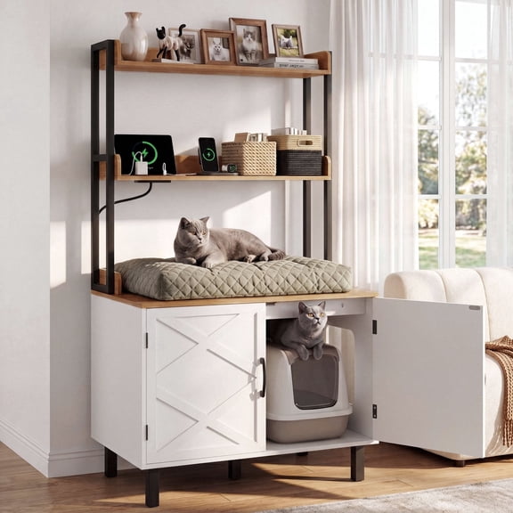 ROGALIS 55'' Cat Litter Box Enclosure with 2 Shelves and Charging Sockets, Wooden Cat House Hidden Litter Box Furniture, Large Indoor Cabinet for Livingroom and Entryway, White