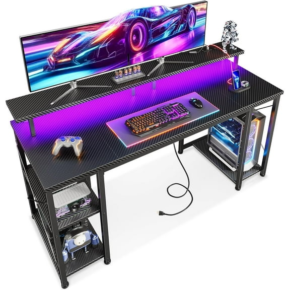 55 Inches Gaming Desk with LED Lights, Computer Desk with Monitor Stand, Pc Table with CPU Stand, Carbon Fiber Black