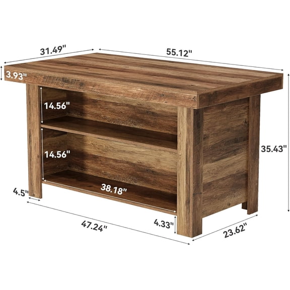 55 Inches Kitchen Island with Storage, 3-Tier Farmhouse Wooden Stationary Island Table with Large Worktop & Leg Room, Modern Coffee Bar Table with Storage Shelf for Kitchen, Rustic Brown