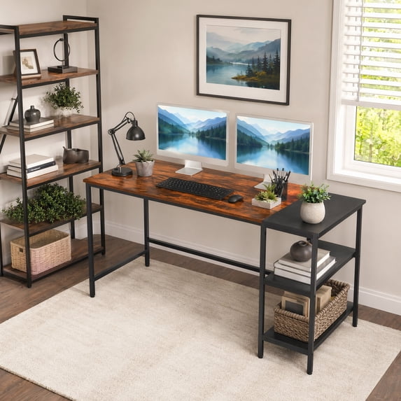 55" Industrial Computer Desk with Storage Shelves, Home Office Desk Study Writing Desk, Brown