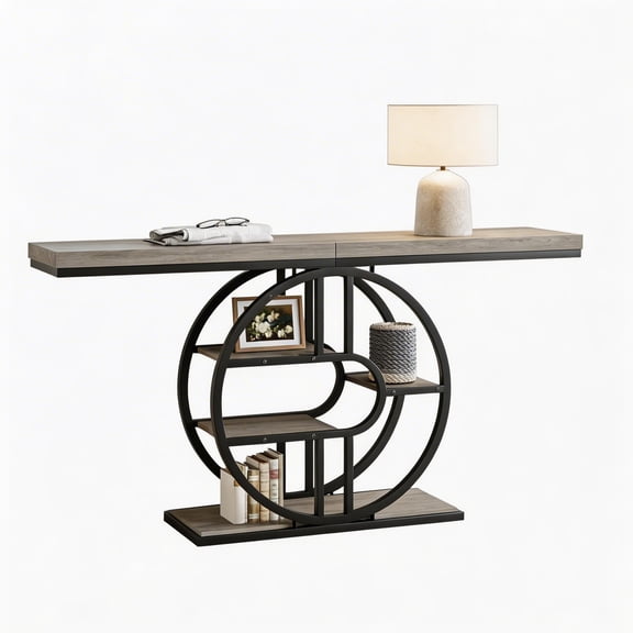 55" Industrial Console Table, 5-Tier Narrow Entryway Table with O-Shaped Metal Frame, Hallway & Living Room Storage Sofa Table-Gray