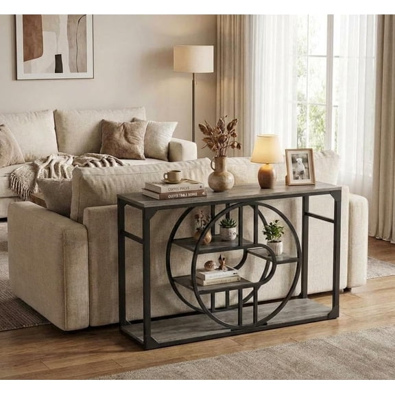 55" Industrial Console Table for Entryway, 5-Tier Narrow Hallway Table with Storage Shelves, O-Shaped Metal Frame, Rustic Farmhouse Sofa Table for Living Room, Dining Room and Entryway,Gray