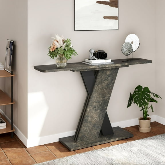 55" Industrial Console Table with Woodgrain Top & X-Shaped Support Design, Narrow Entryway Table for Living Room/Hallway, Stable Metal Base, Accent Table for Small Spaces, Black