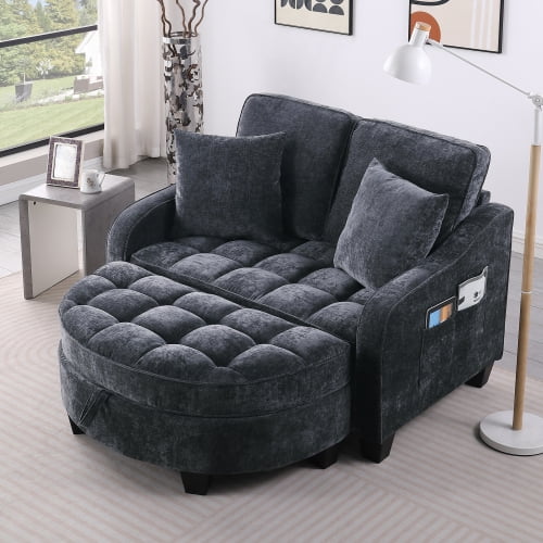 55" Irregular Design Convertible Sofa Bed, Pull-Out Loveseat Sleeper with Plush Check Cushion, Modern Loveseat Sofa Sleeper with Footrest Storage for Living Room, Black