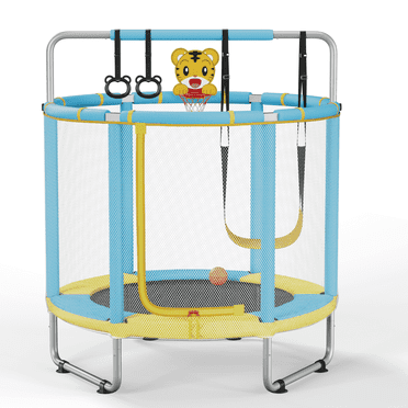 Airdown Trampoline - 55'' Trampoline for Kids with Basketball Hoop & 7 Accessories, Safe Indoor Outdoor Toddler Playset with Swing & Ocean Balls, Blue