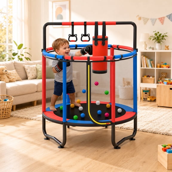 55" Kids Trampoline with Safety Enclosure Net, Toddler Trampoline for Kids, Small Trampoline for Kids, Mini Trampoline, Indoor Trampoline with Jumping Mat, Spring Padding, Gifts for Ages 3+