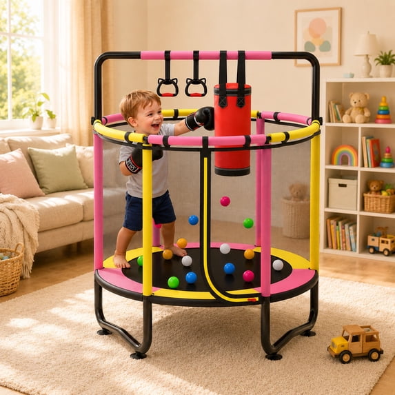 55" Kids Trampoline with Safety Enclosure Net, Toddler Trampoline for Kids, Small Trampoline for Kids, Mini Trampoline, Indoor Trampoline with Jumping Mat, Spring Pading, Gifts for Ages 3+