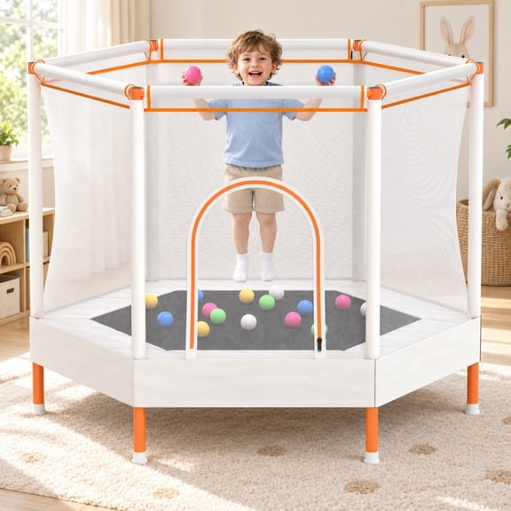 55" Kids Trampoline with Safety Net, SHINPT Small Trampoline for Kids with No Gap Design, Indoor Trampoline for Kids Room, Livingroom, Mini Trampoline for Kids 3-8, Best Gift with Ocean Balls