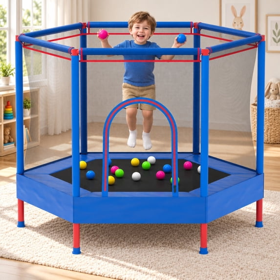 55" Kids Trampoline with Safety Net, SHINPT Small Trampoline for Kids with No Gap Design, Indoor Trampoline for Kids Room, Livingroom, Mini Trampoline for Kids 3-8, Best Gift with Ocean Balls